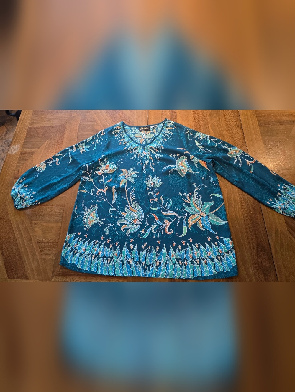 Bob Mackie Wearable Art Top Sz 1X Blue Green Teal Abstract Print Artsy Flowy